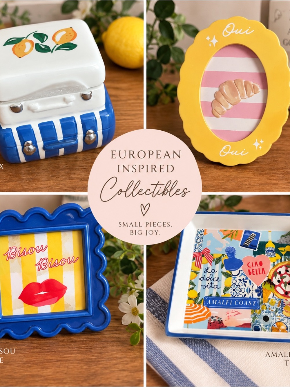 4 pc European Inspired Decor Bundle Amalfi Coast Tray Paris Frames Trinket Box